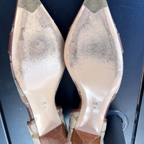 Vintage Coach Monogram Signature Kitten Heel Pumps, Brown Tan Leather Trim - Picture 7 of 7